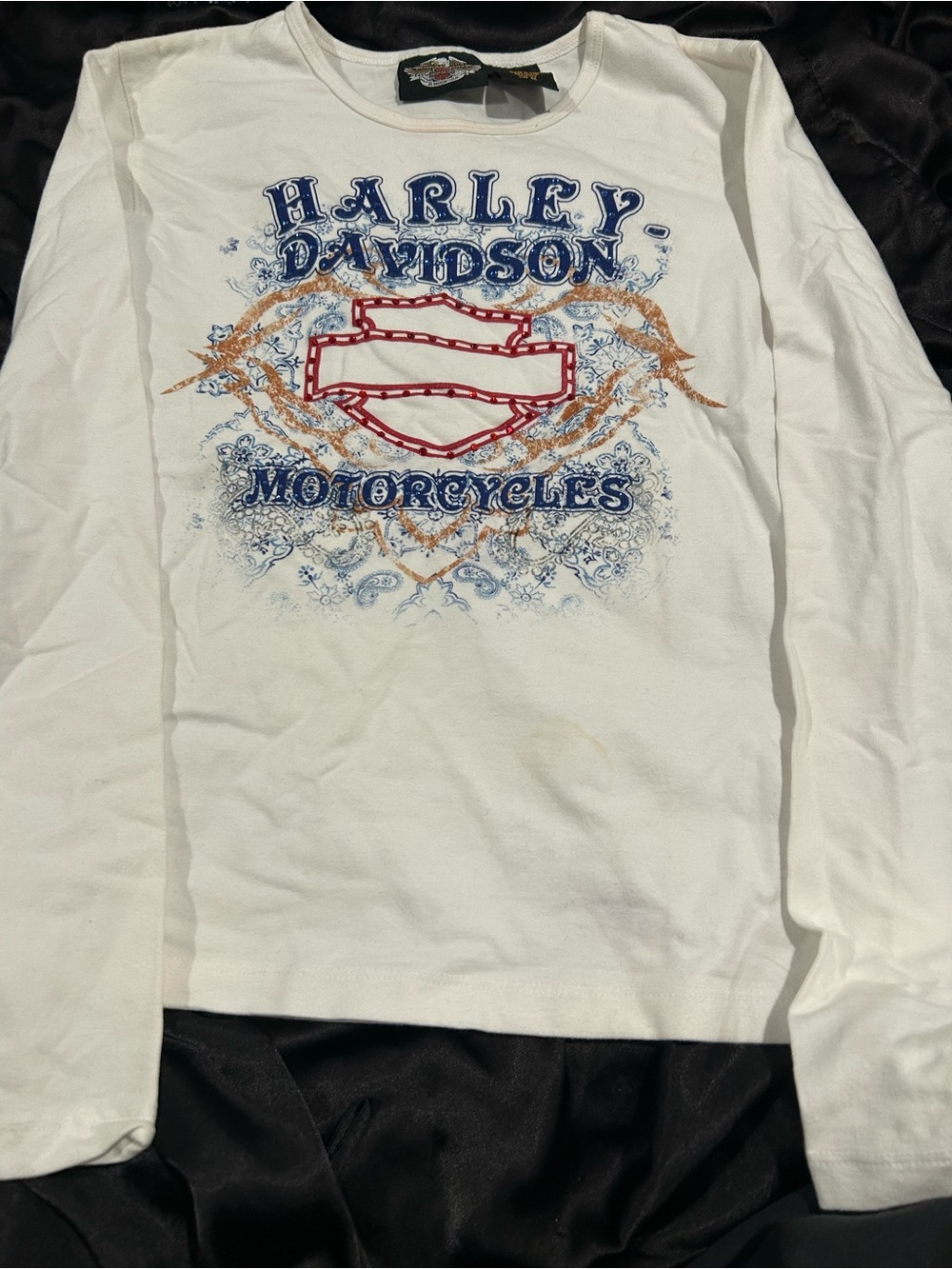 Harley-Davidson White Long Sleeve Tee with Blue, Red and Gold Graphic